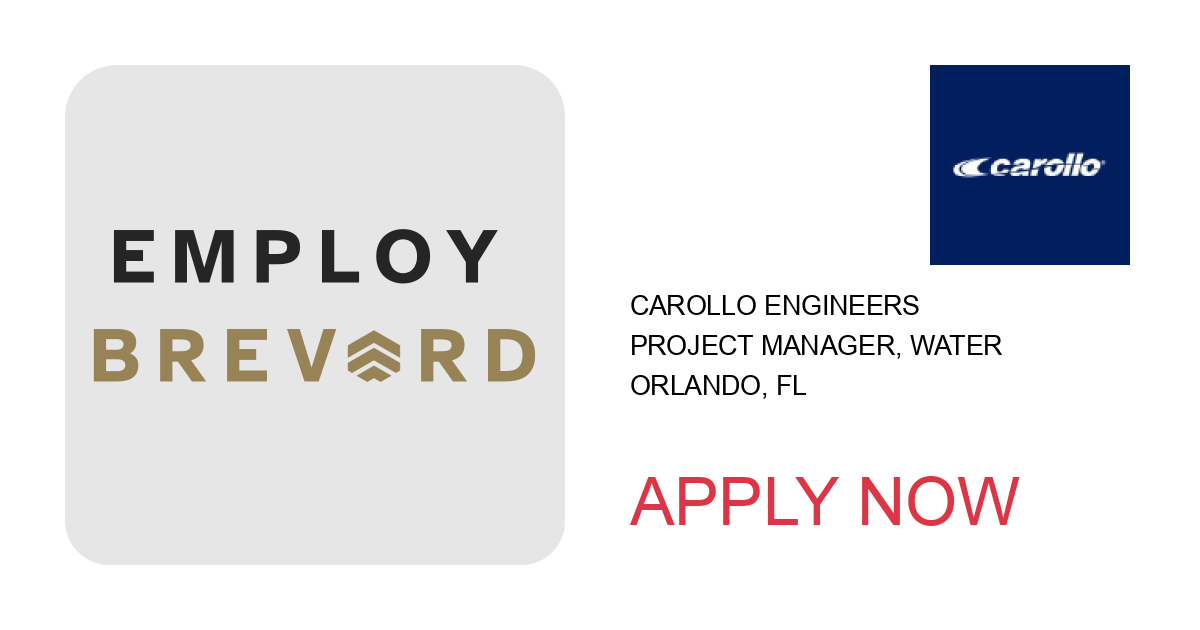 Apply to Project Manager, Water position with Carollo Engineers in Orlando, FL