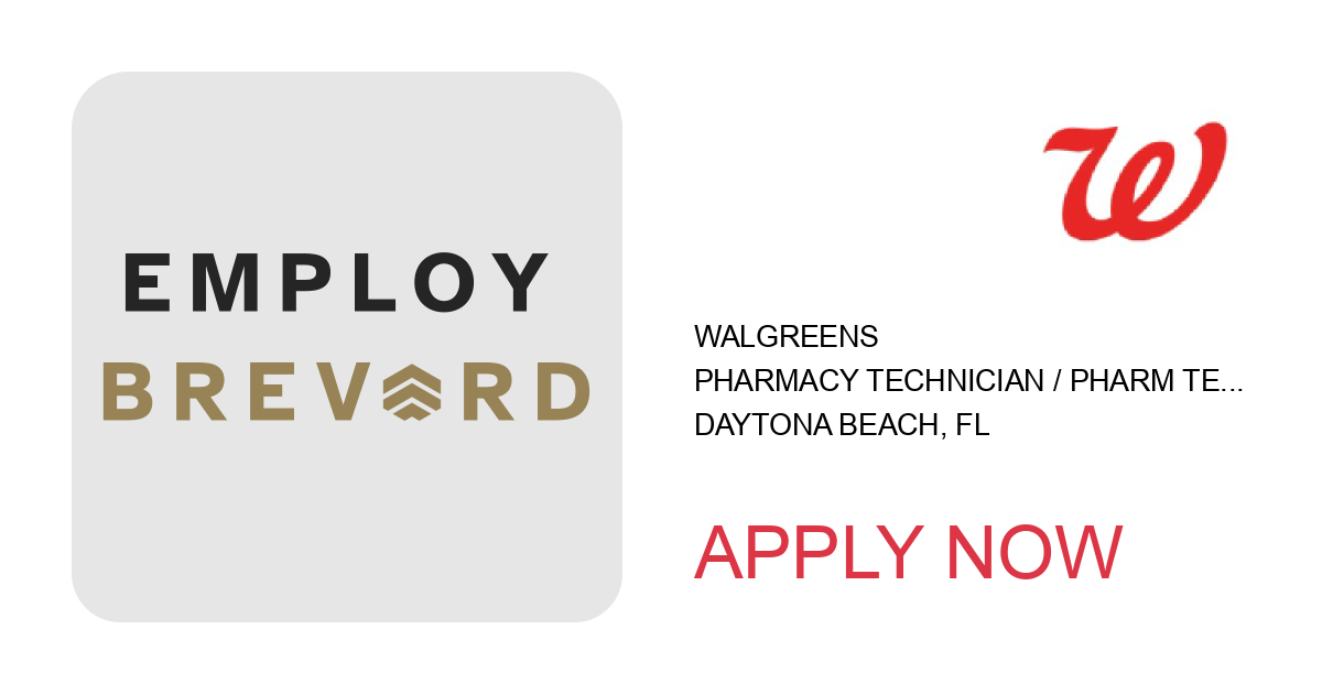 Apply to Pharmacy Technician / Pharm Tech Apprenticeship position with Walgreens in Daytona Beach, FL