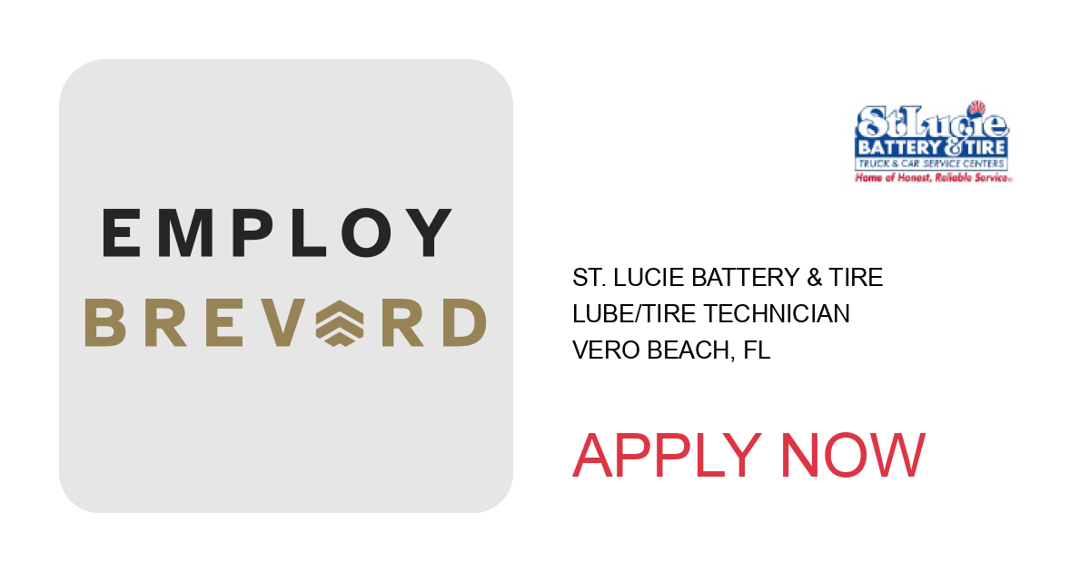 Apply to Lube/Tire Technician position with St. Lucie Battery & Tire in Vero Beach, FL