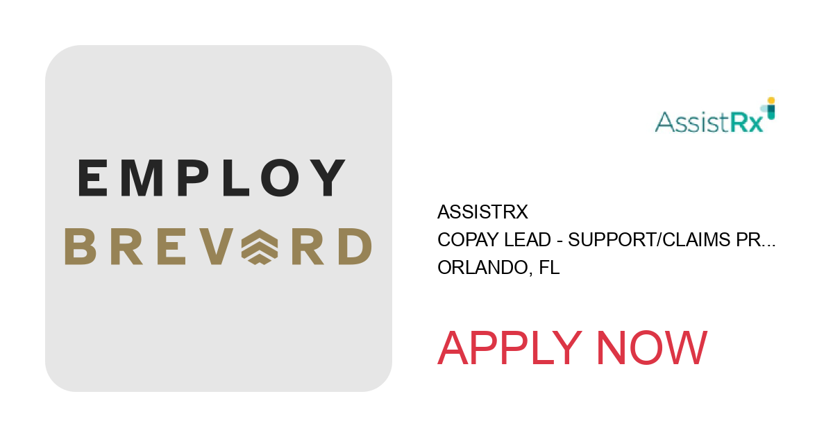 Apply to Copay Lead - Support/Claims Processing position with AssistRx in Orlando, FL